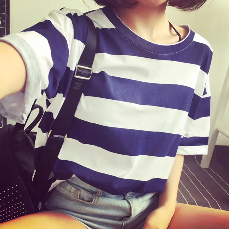 个性时尚潮流夏季新款韩版女装条纹短袖t恤女士宽松衣服学生上衣T