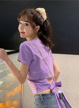 短袖t恤女衣服2024夏季新款辣妹露背蝴蝶结漏背短款设计感上衣潮