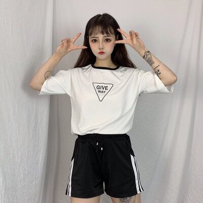 个性潮流韩夏时尚字母印花短袖T恤休闲套装女拼色运动短裤两件套t