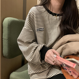 女2024秋季 圆领长袖 条纹T恤打底衫 新款 外贸 卫衣女韩版 上衣服女装