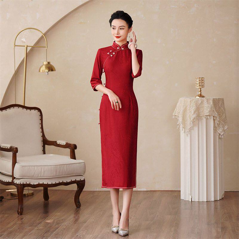 高端真丝旗袍春秋2025季新款中国风喜婆婆喜妈妈桑蚕丝旗袍裙优雅