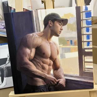 男体艺术油画窗景肌肉男胸肌特写装饰画公寓布置人体艺术腹肌男神