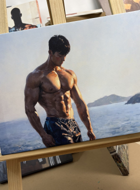风临海岸肌肉男士人像装饰画清晨逆光海景围感艺术卧室工作室挂画