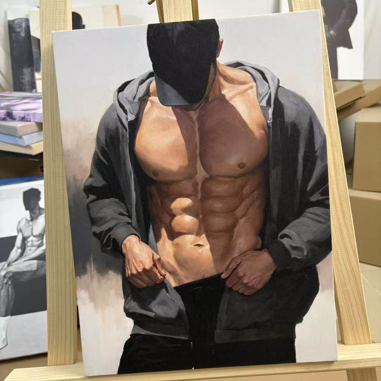 艺术男体油画腹肌男神运动肌肉男胸肌特写装饰画客厅布置人体艺术