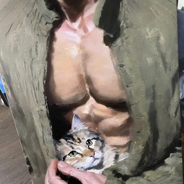 怀里的小猫高清装饰画卧室挂画喷绘油画房间室内挂墙靠墙型男
