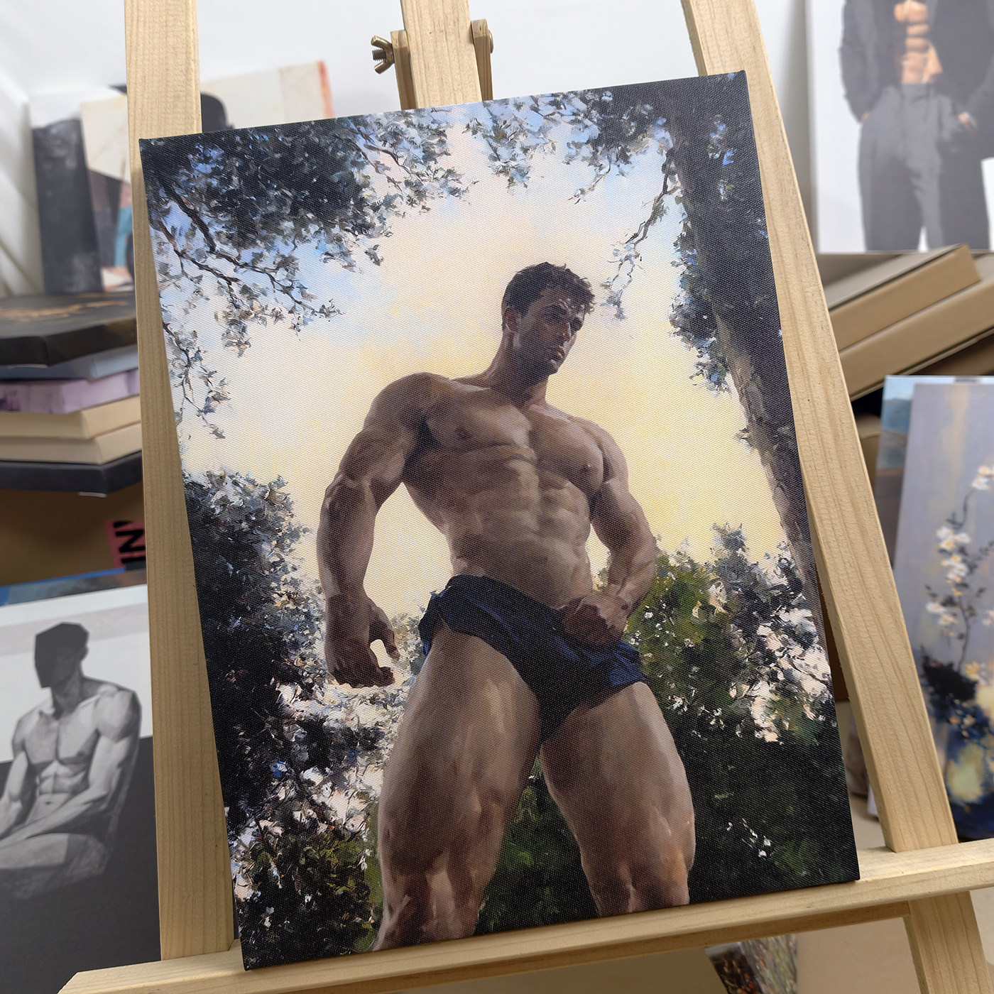 油画风林间肌肉男装饰画自然光影人体艺术挂画健身房客厅卧室挂画