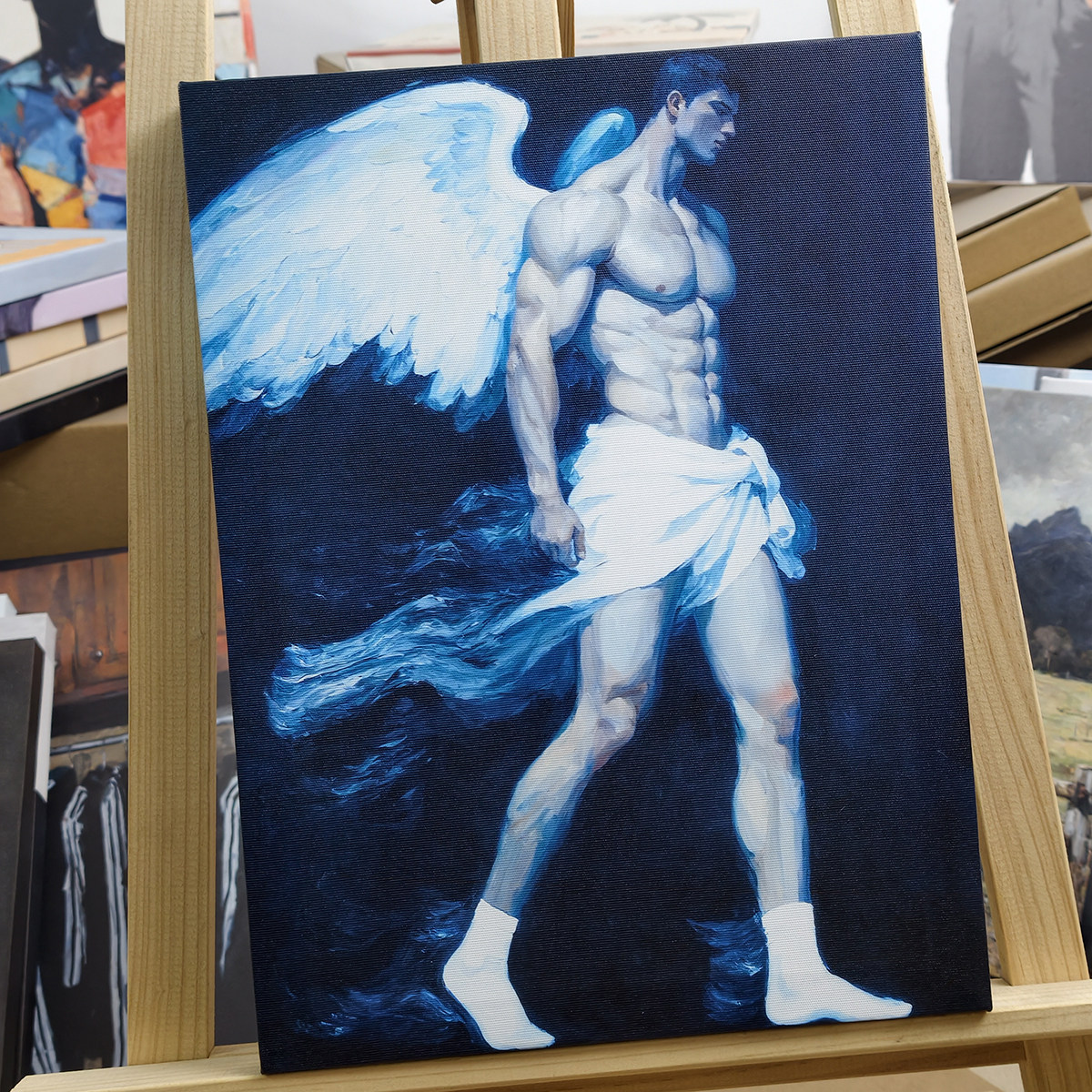 暗黑风蓝调天使人体艺术油画现代男体高级感挂画小众客厅装饰画