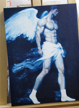 暗黑风蓝调天使人体艺术油画现代男体高级感挂画小众客厅装饰画