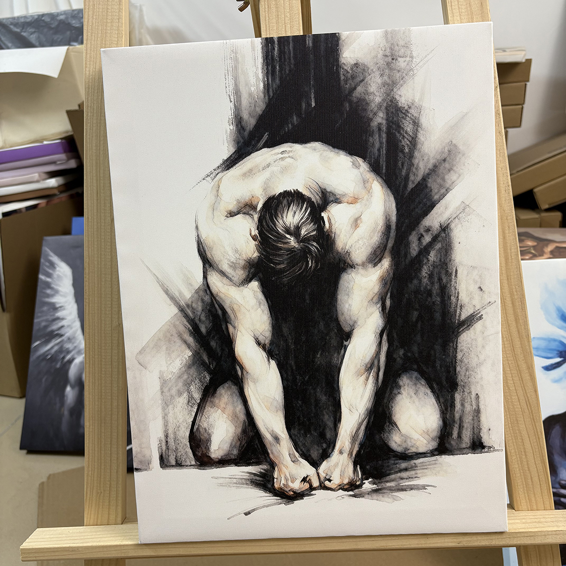 肌肉男水墨装饰画挂画喷绘国风卧室男体工作室艺术画框电表箱