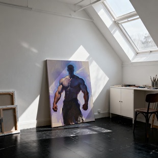 抽象艺术肌肉男体油画壮汉胸肌特写紫色系暗调装饰画布置人体艺术