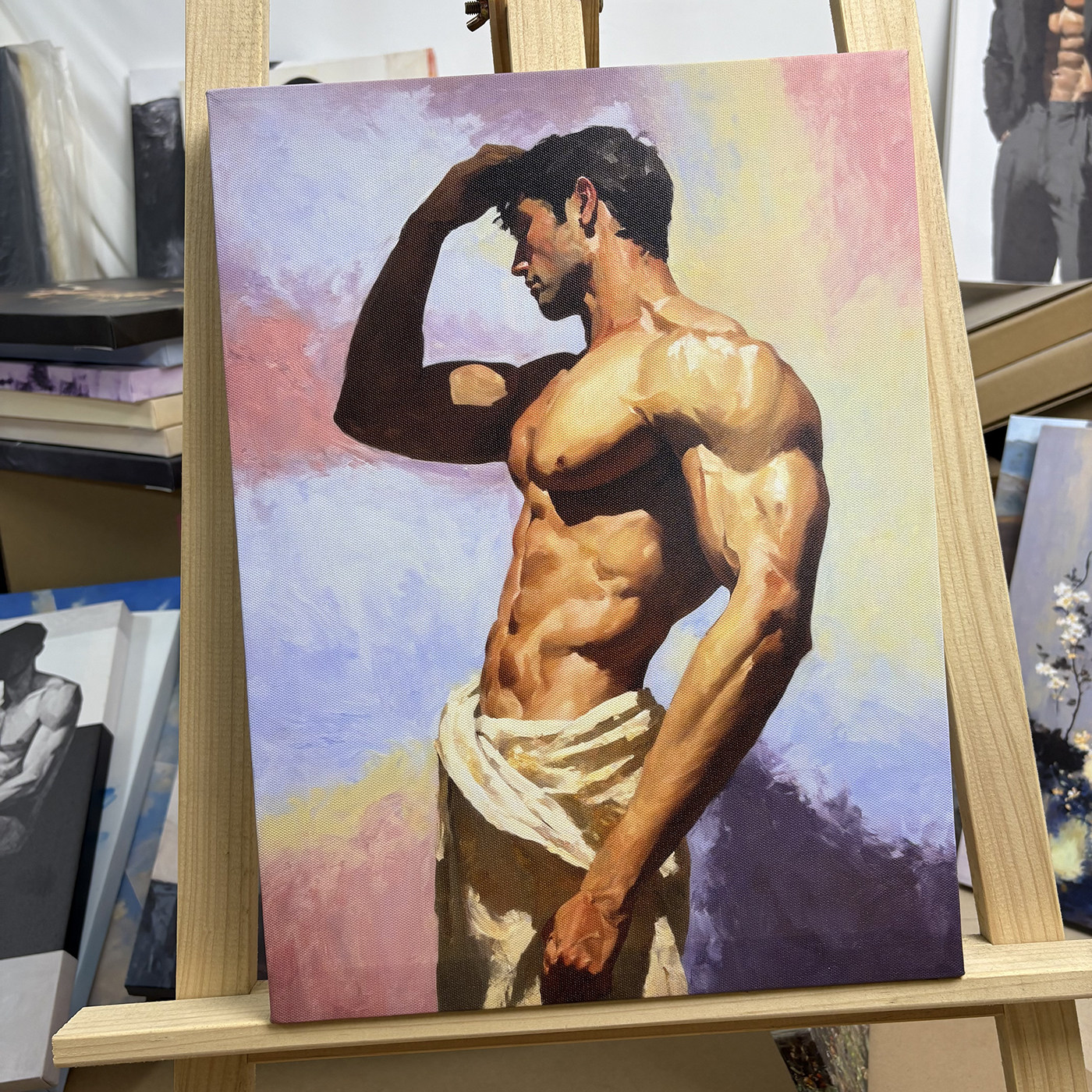 力量感人物油画渐变柔雾健身男士明暗肌肉小众男士SPA 馆装饰画