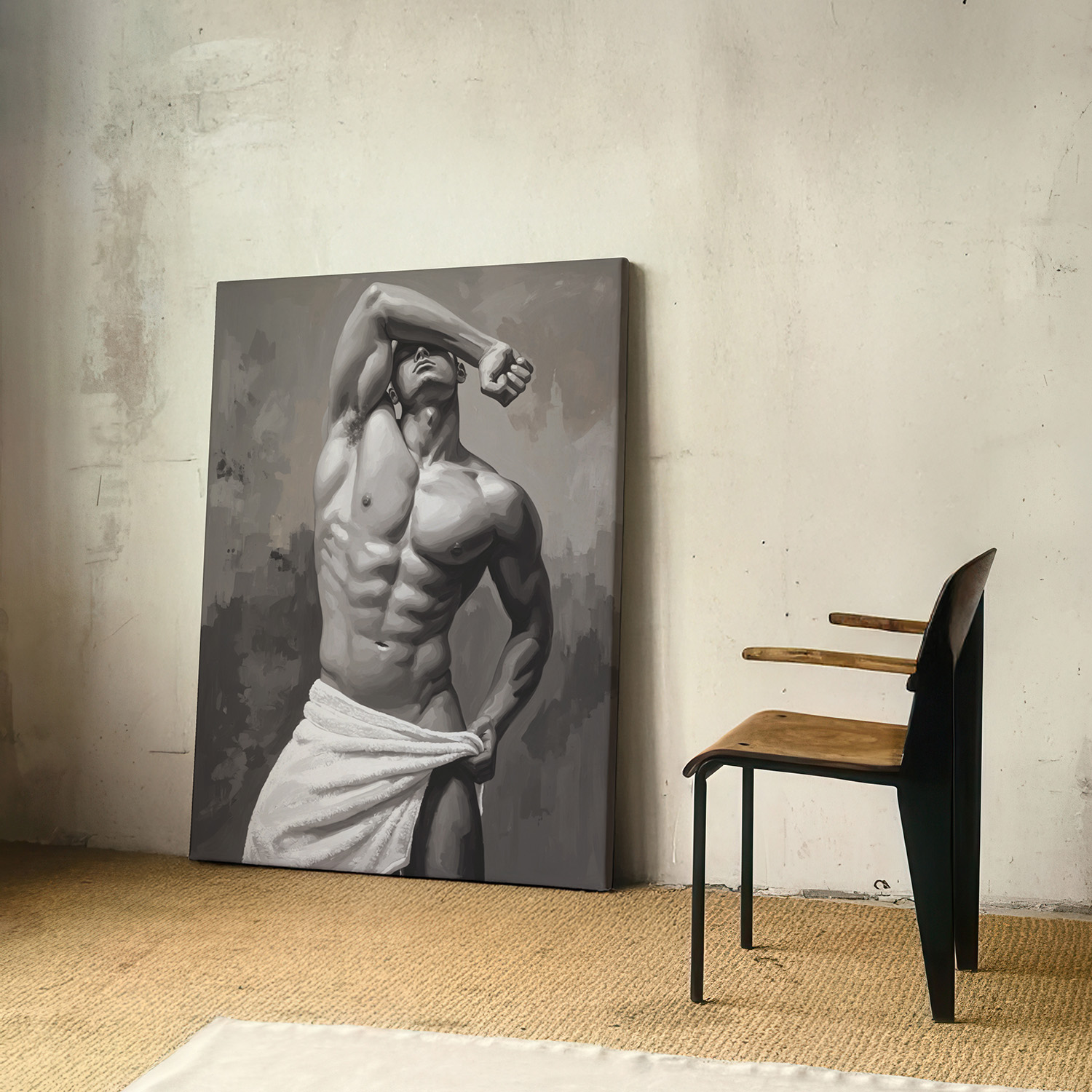 肌肉男高清装饰画浴巾卧室挂画喷绘油画室内靠墙工作室男体艺术图片
