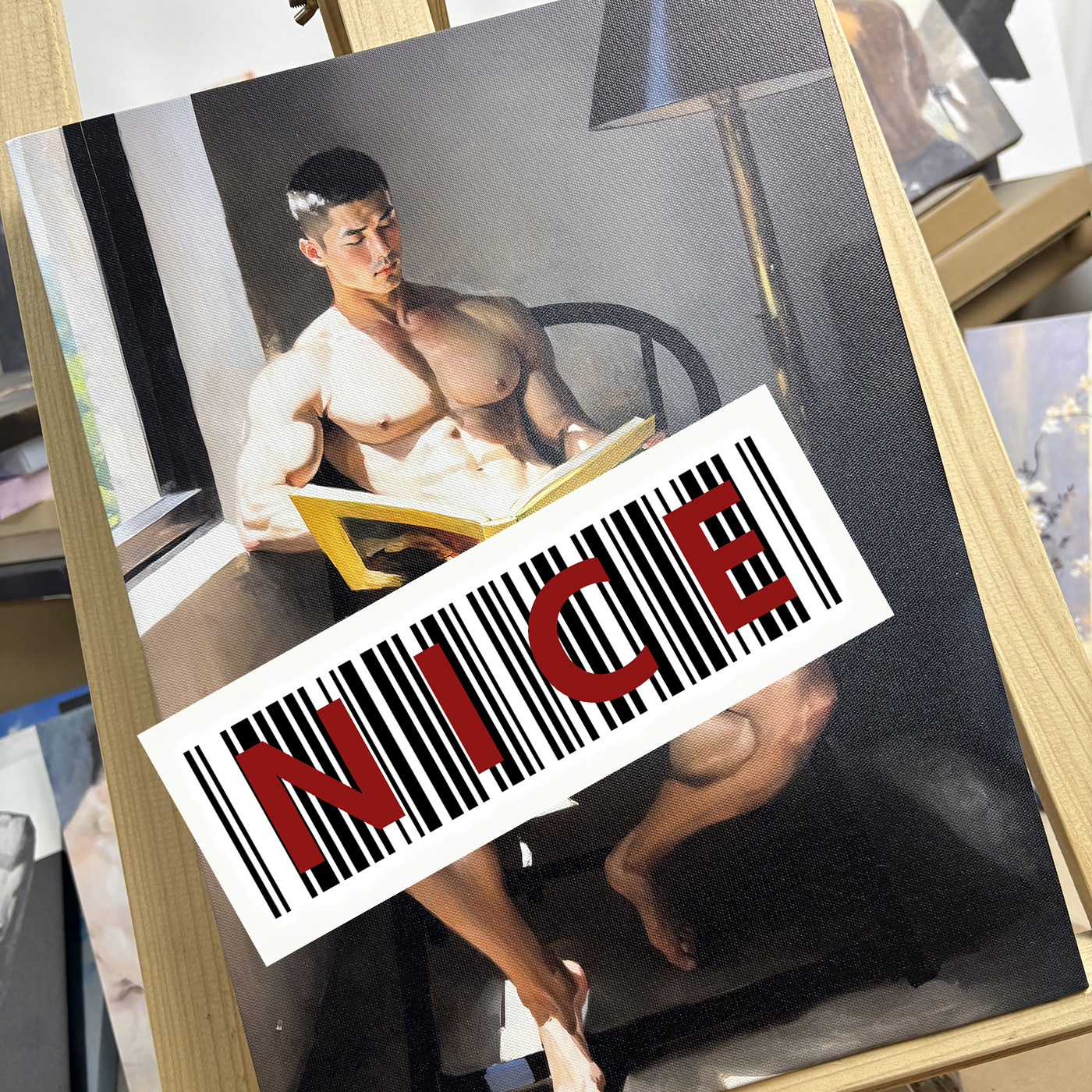复古油画肌肉男生静坐看书艺术装饰画轻奢人体画民宿公寓墙面挂画
