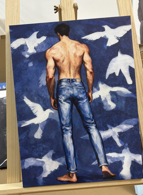 肌肉男鸽子装饰画背挂画喷绘油画卧室男体工作室艺术画框电表箱