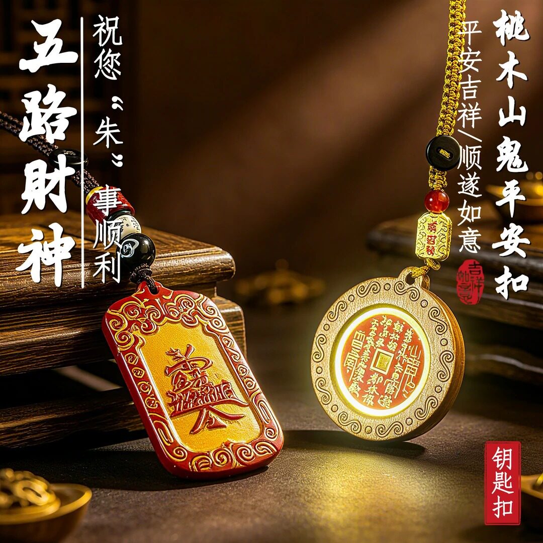 五路财神桃木山鬼平安扣钥匙扣招财纳福挂件
