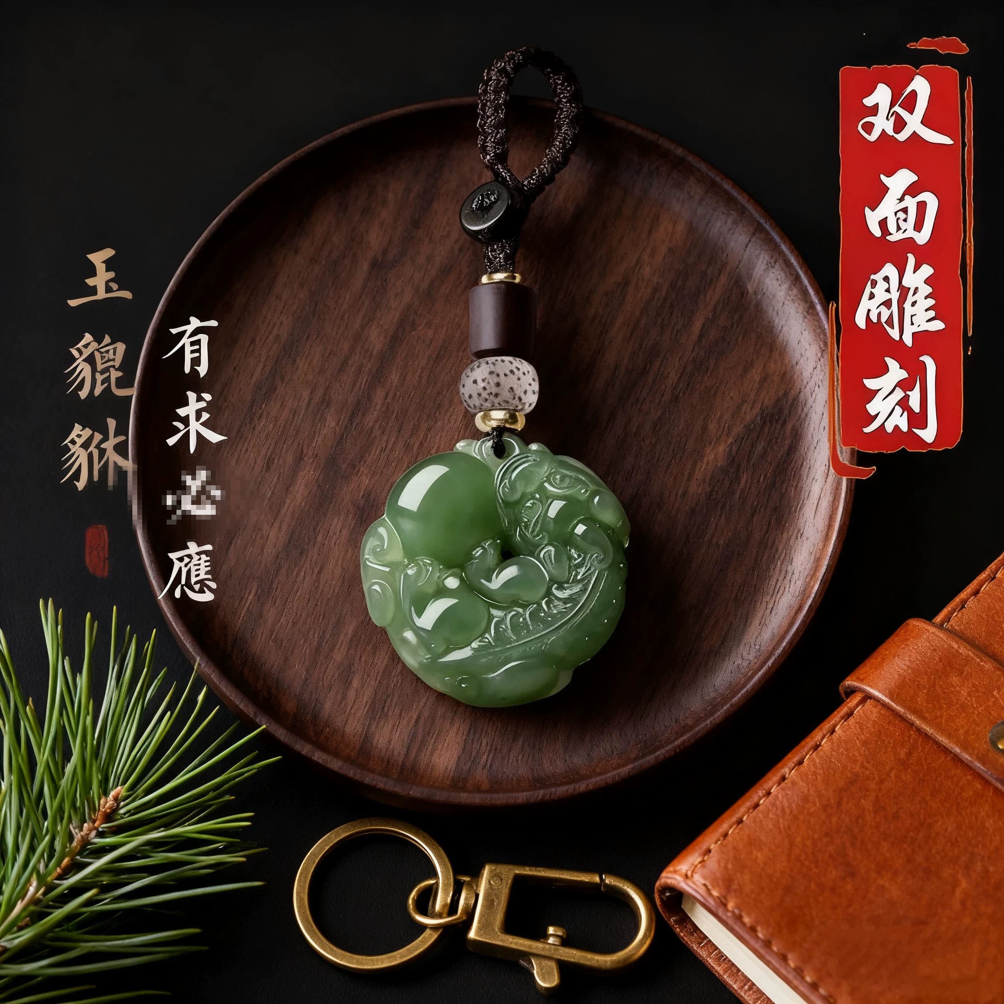 【事事顺心】有求必应双面雕刻貔貅 配祥云绳 招财平安装饰挂牌