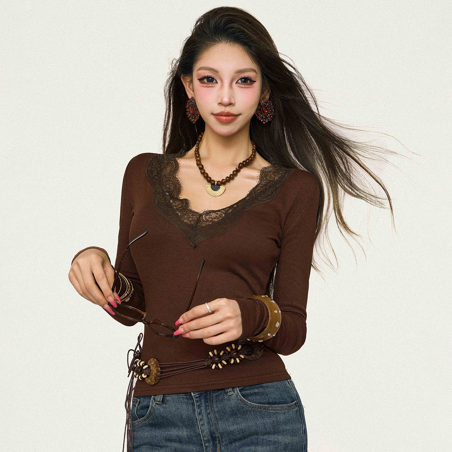 ISSSSSJ复古蕾丝拼接长袖T恤女