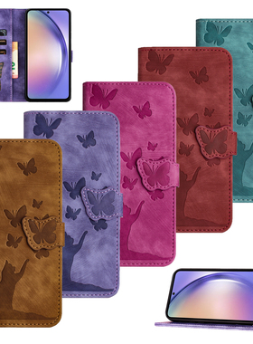 适用三星 Galaxy S26/A15/A05S/A34/A54/A53/A33/A13/S24/A52/A16/S8/S21 FE/S23 FE 蝴蝶猫压花 翻盖式皮套