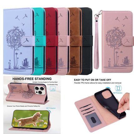 适用苹果 XS/7G/SE 2/11/12/13 Pro/14/15 Promax iPhone 16 Promax/17 蒲公英 压花 手机套 翻盖式防摔