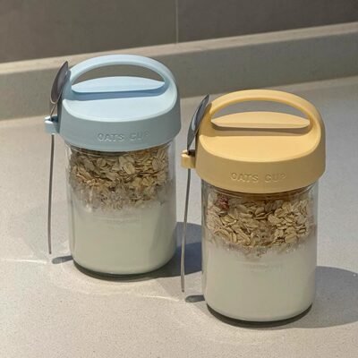 燕麦杯早餐碗便携隔夜酸奶水果牛奶豆浆杯奶昔杯外带玻璃手提带勺