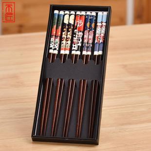 尖头料理筷子5双礼品盒装 日式 木质创意卡通猫咪筷子家用