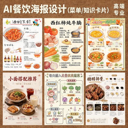 AI餐饮海报设计菜单价目表知识卡片手绘卡通美食指南美工平面广告