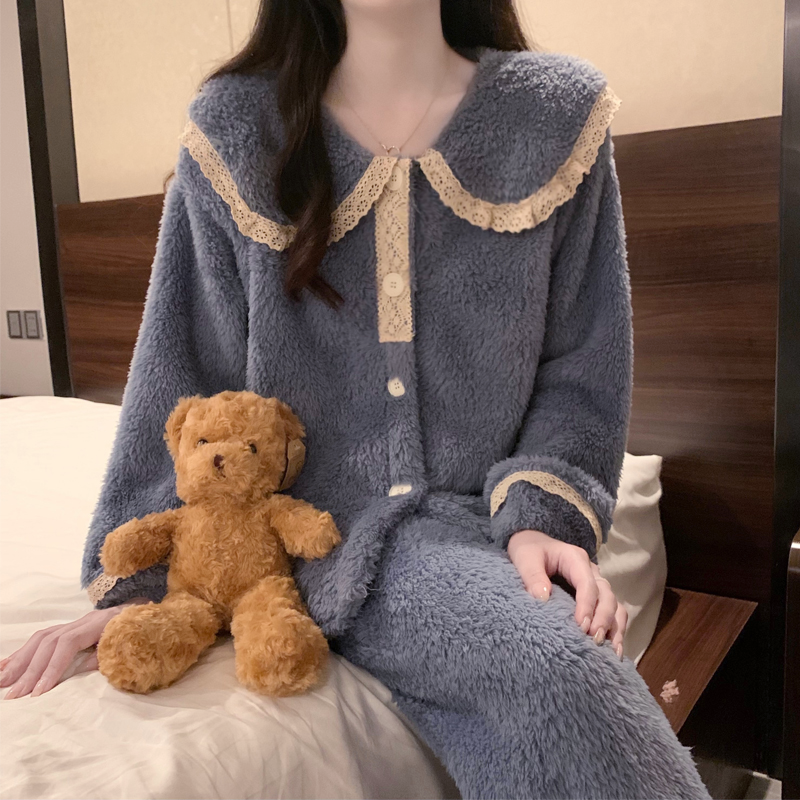 秋冬季睡衣女士珊瑚绒可外穿套装
