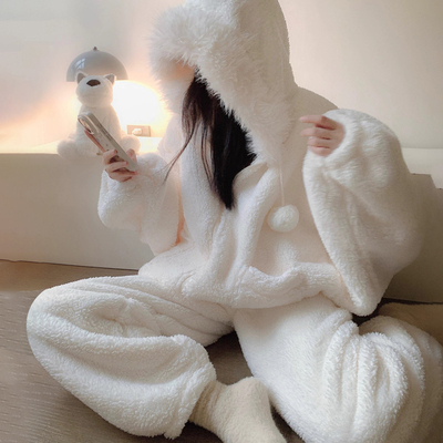 冬季睡衣女珊瑚绒可外穿连帽套装