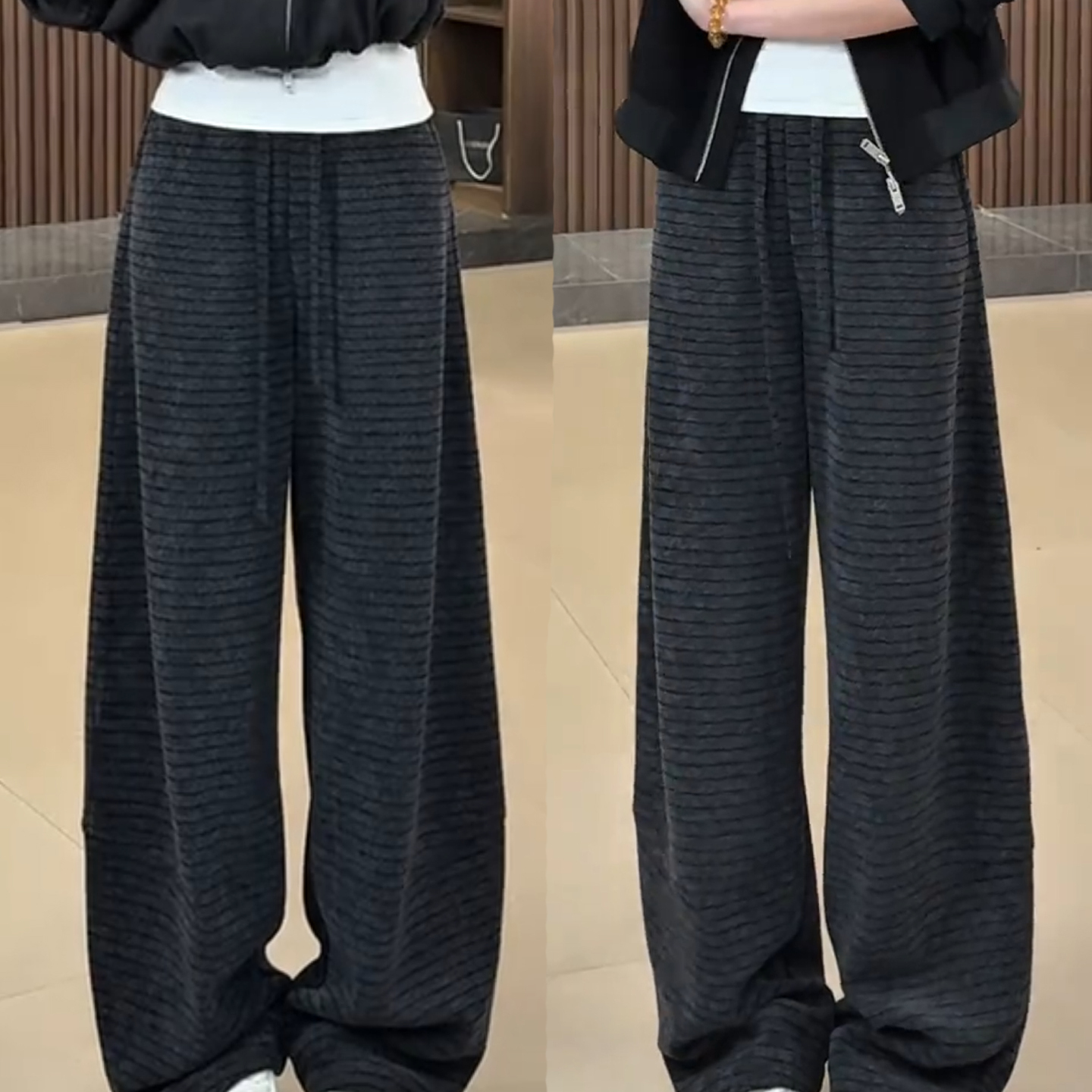 2025超火的加绒裤子女秋冬时尚休闲保暖条纹休闲裤加厚百搭阔腿裤