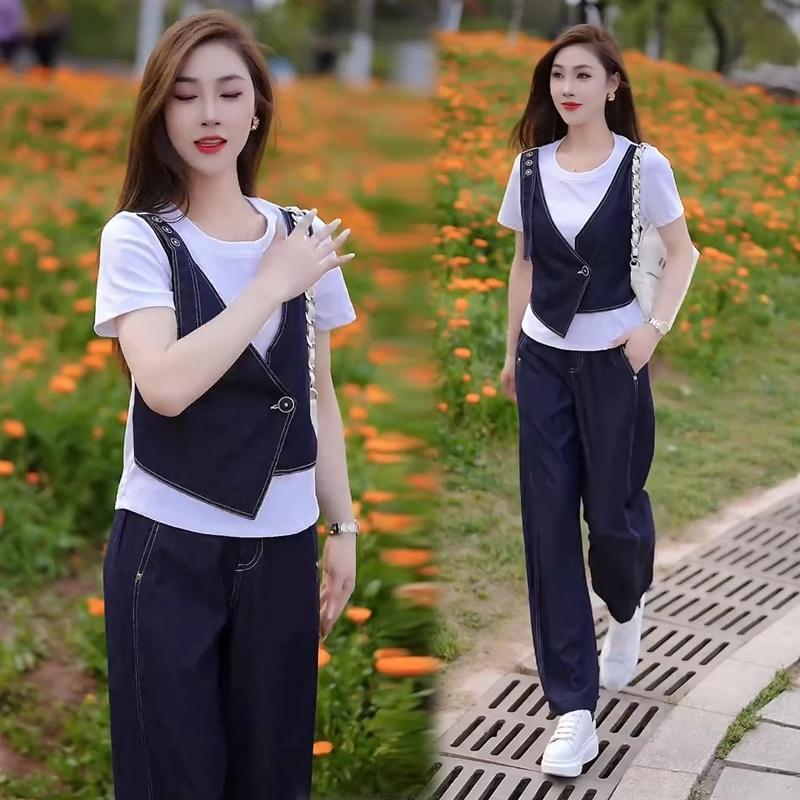 时尚套装女2025夏季新款时髦洋气假两件牛仔拼接短袖阔腿裤两件套