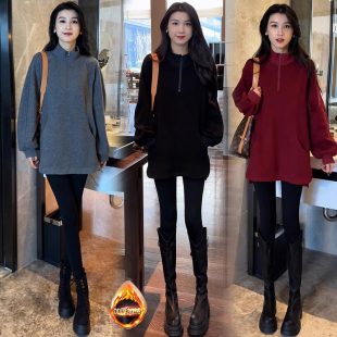 洋气宽松中长款 新款 立领休闲上衣外套 卫衣女2025冬季 加绒加厚长袖