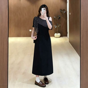 大码法式波点拼接漏单肩连衣裙夏季收腰显瘦遮肚子短款长款小黑裙