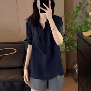 夏装搭配一整套时尚巨显瘦遮肉黑色长袖衬衫女士灰色简约洋气短裤