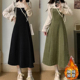 秋冬法式 复古木耳边加绒连衣裙大码 胖MM藏肉显瘦假两件拼接背带裙