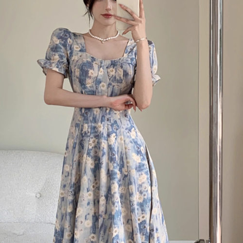 大码法式方领蓝色油画碎花连衣裙
