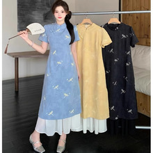 大码女装胖mm夏季新中式改良旗袍连衣裙高级感刺绣网纱拼接长裙子