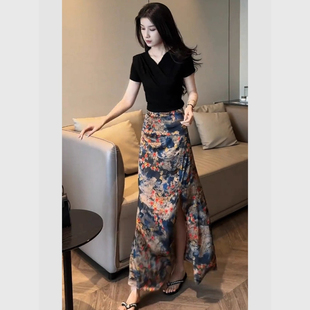 新中式国风复古碎花开叉半身裙巨好看的夏天女装炸街独特漂亮裙子