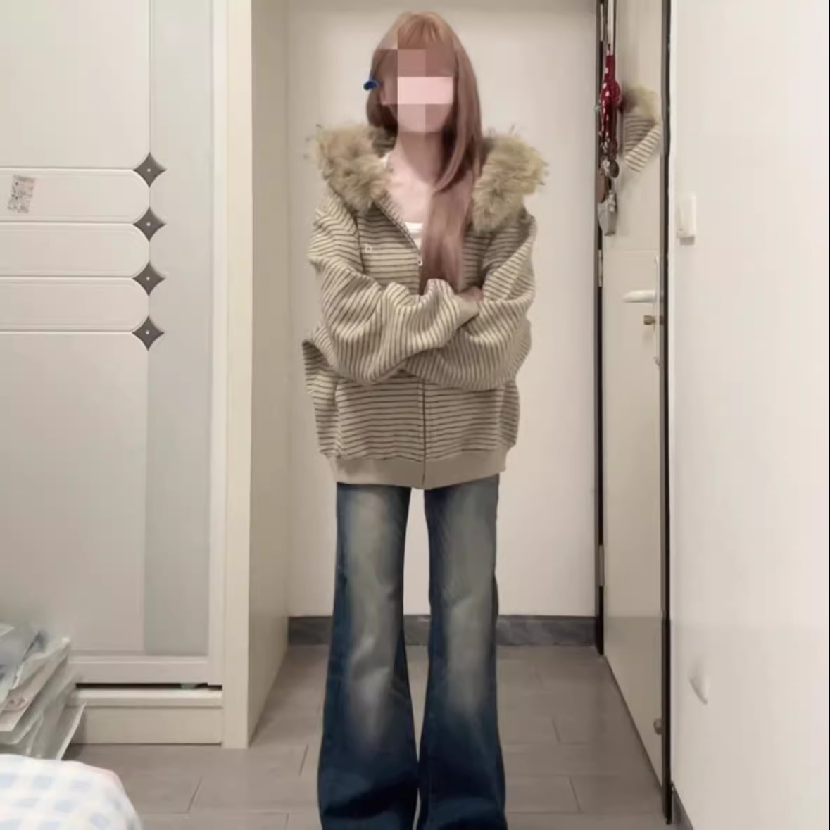 长袖侧缝插袋条纹美式拉链宽松型