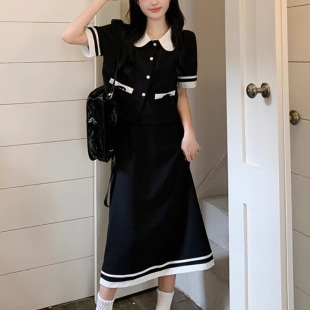 减龄小香风法式套装女夏撞色娃娃领短袖上衣半身裙大码胖MM两件套