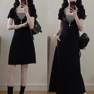 大码假两件黑色连衣裙女夏季