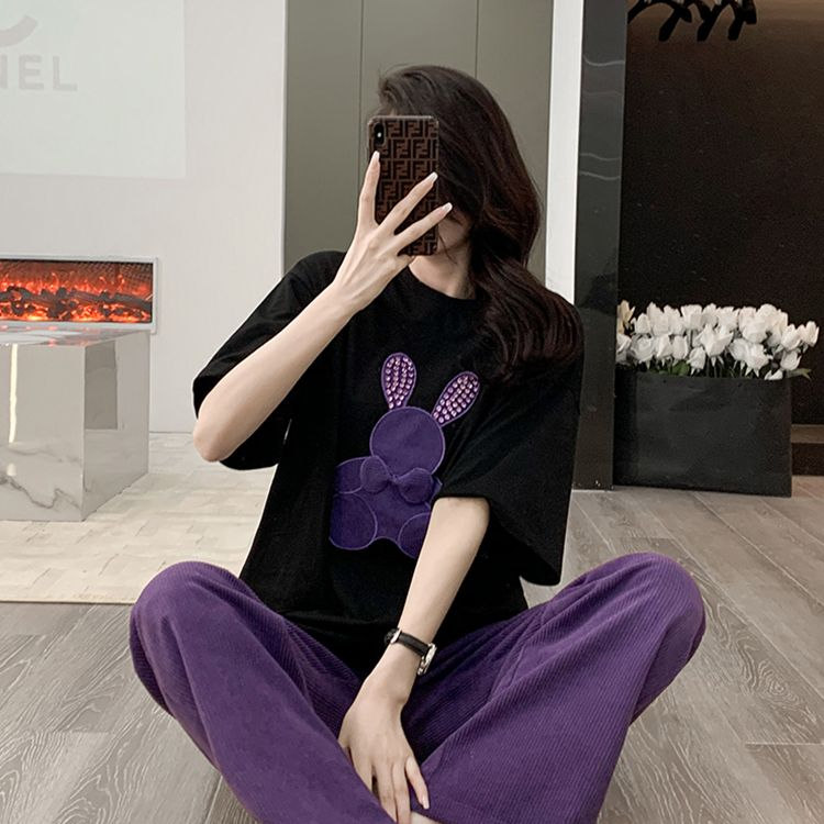 盐系穿搭休闲运动套装女2025夏季宽松时尚洋气短袖阔腿裤两件套