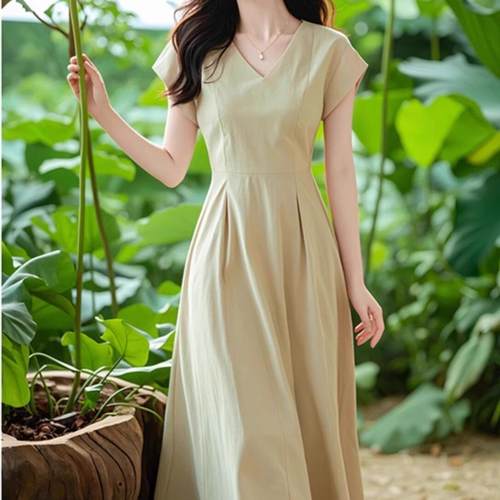 法式气质端庄大气棉麻连衣裙女夏季新款小香风收腰显瘦V领长裙子