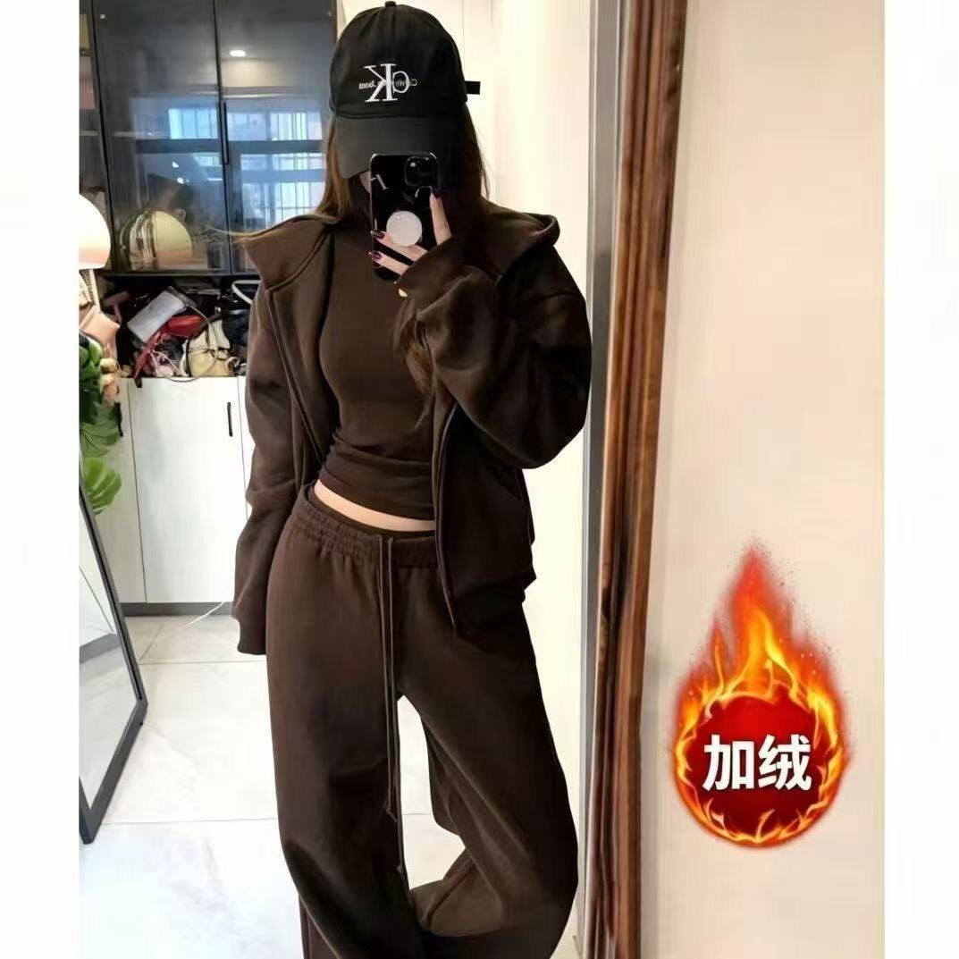 冬季美式气质运动套装女宽松时尚加绒加厚卫衣阔腿裤休闲三件套女