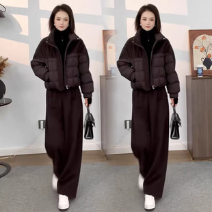 毛呢拼接棉衣短外套阔腿裤 时尚 新款 女2025年冬季 两件套冬 洋气套装