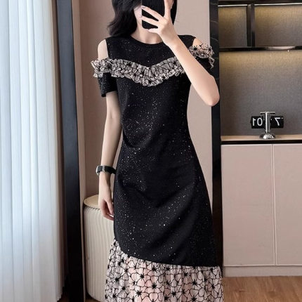 大码高级感拼接露肩遮肉星空鱼尾裙胖妹妹夏季洋气减龄显瘦连衣裙