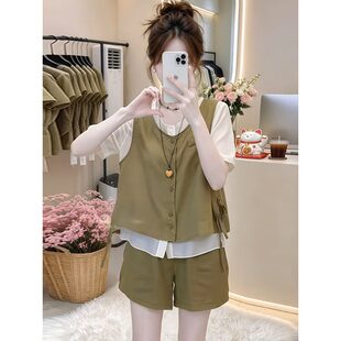 套装小众设计感撞色一整套2026夏季新款减龄洋气假两件上衣配短裤