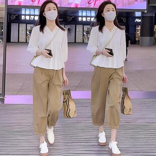 时尚减龄套装女2025夏新款V领衬衫高腰显瘦哈伦阔腿九分裤两件套