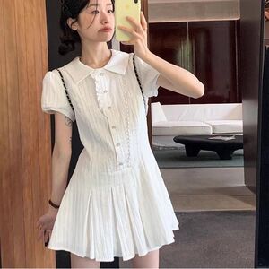 学院风白色泡泡袖衬衫连衣裙女夏季新款甜美初恋气质收腰显瘦短裙