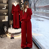 两件套 休闲风毛领加绒卫衣外套阔腿裤 本命年红色运动套装 女秋冬装