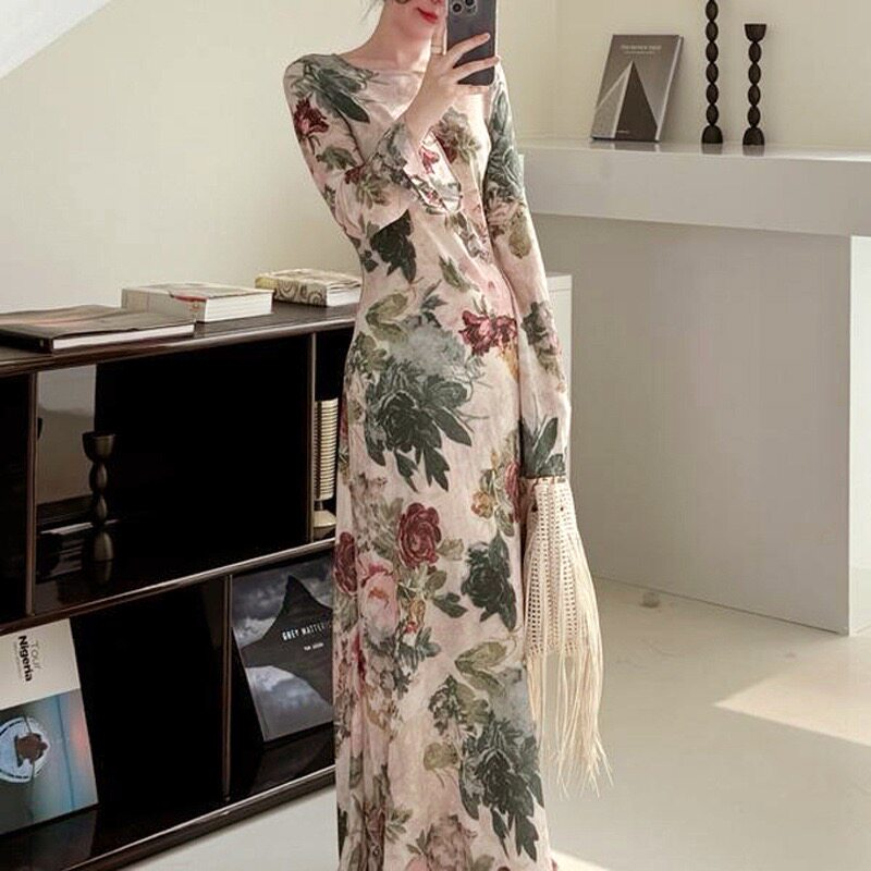 品牌原单女装尾货2026夏法式U领斜裁复古印花真丝长连衣裙两件套